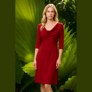 Connected Apparel women’s solid Red crow neck ruched/gathered 3/4 sleeve dress